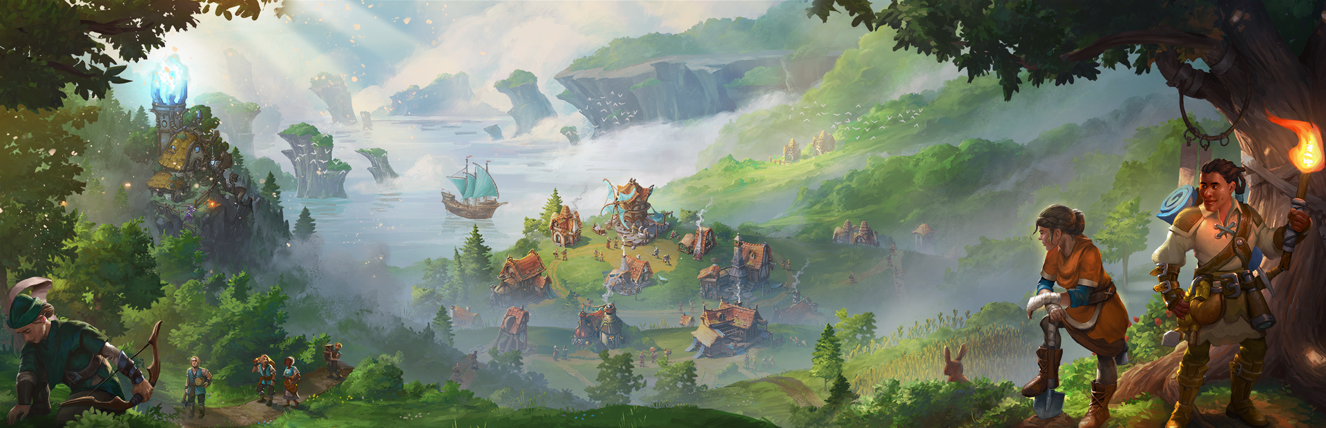 Screenshot from Pioneers of Pagonia, showing a small village from a hilltop