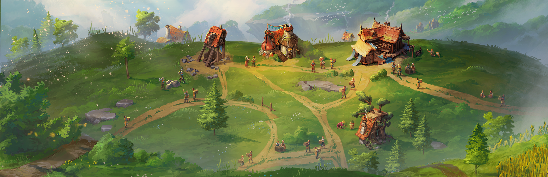 Screenshot from Pioneers of Pagonia, showing a small village from a closer angle
